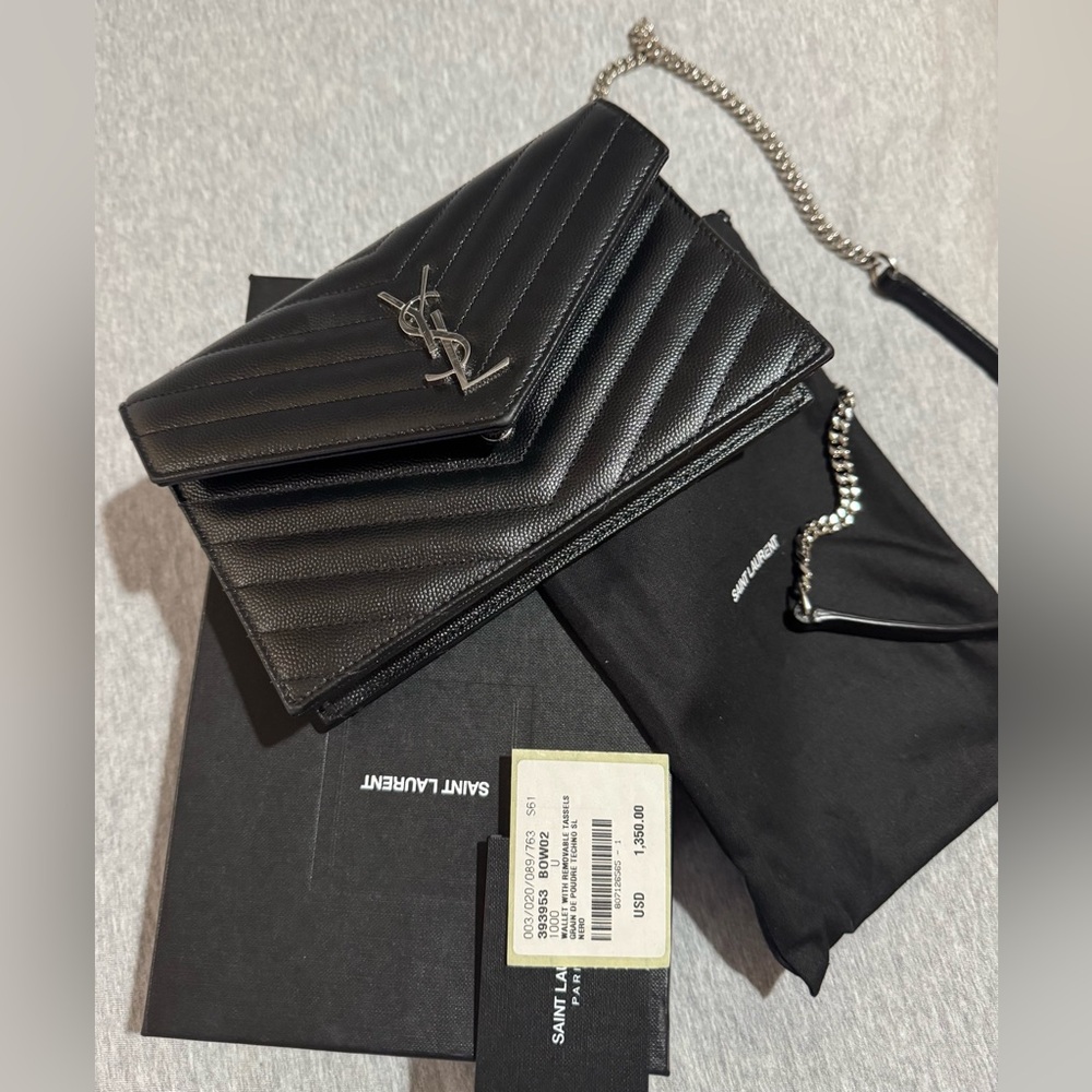 Saint Laurent Cassandre Black Quilted Envelope Leather Chain Wallet Purse - Picture 6 of 11